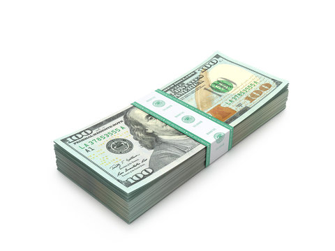 A stack of hundred dollar bills on a white background. 3D illustration