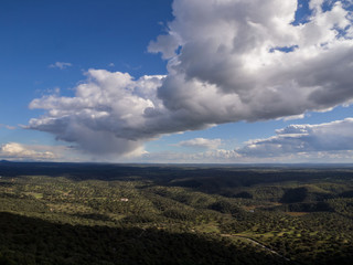 Storm clouds over the field, raining in Cáceres province, Extremadura, Spain
