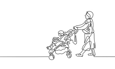 continuous one line drawing of grandmother is walking with a bab