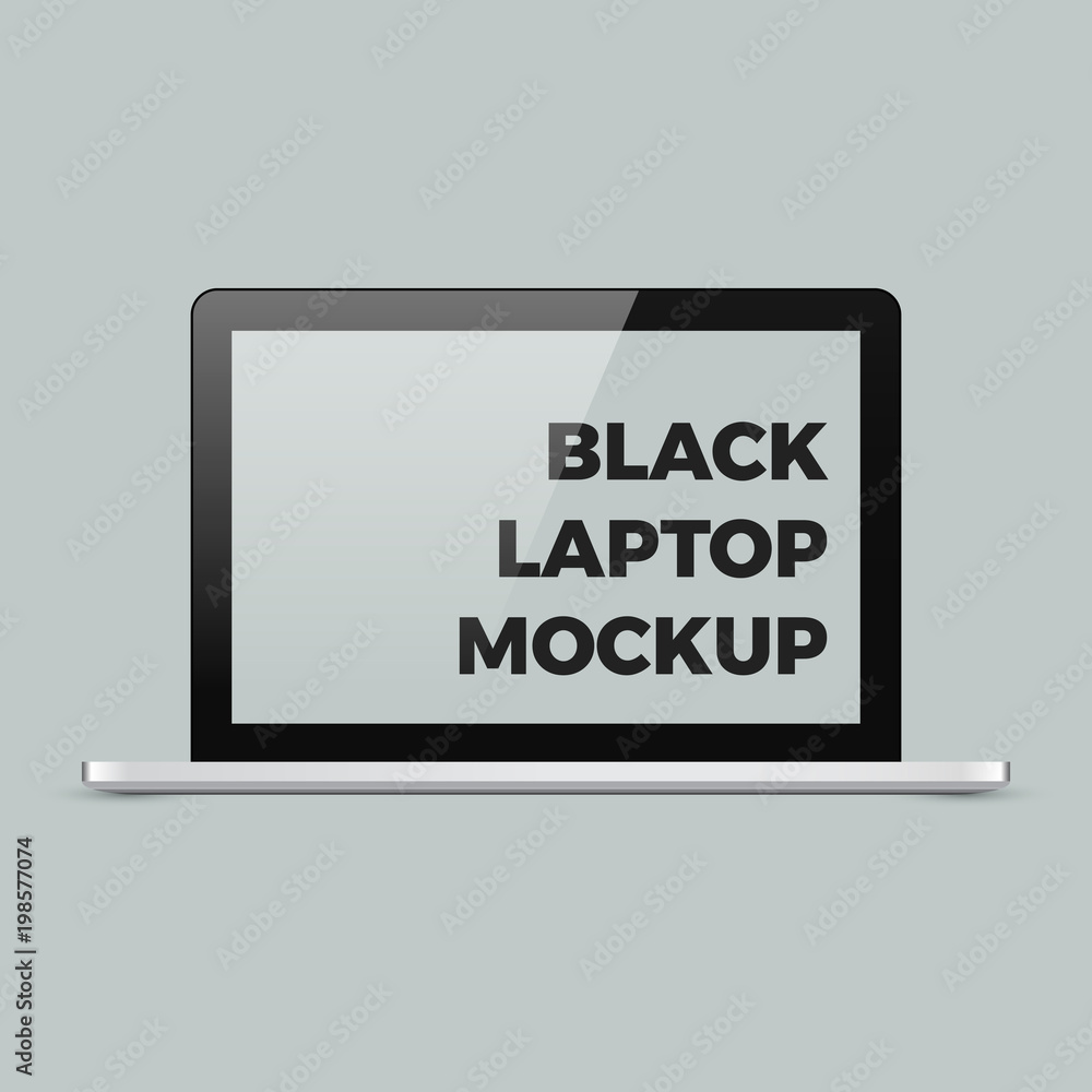 Poster realistic vector laptop mockup. shiny glossy black laptop template with empty blank screen with copy