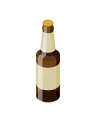 Brown isometric beer bottle with blank label template vector icon isolated on white background. Transparent glass realistic beer bottle isometric design.