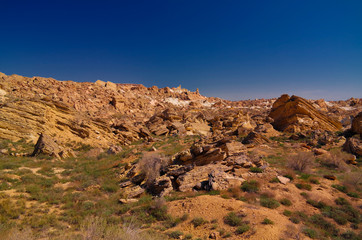 Panorama view to Plateau Ustyurt from the edge of Aral sea at Duana cape, Karakalpakstan, Uzbekistan
