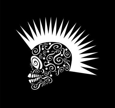 Punk skull icon with Mohawk, black and white