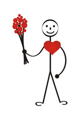 A man with a bouquet of flowers and a red heart. Cartoon stylized drawing. The metaphor of love and romance. Vector graphics.