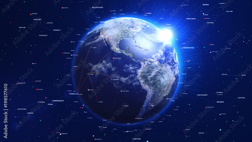 Wall mural digital blue globe with shiny lights and lines around. technology concept.