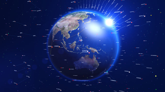 Digital blue earth with shiny lights and lines around. Technology concept.