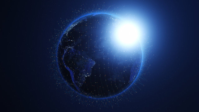 Shiny blue earth covered with 3d lines and letters around. Technology and global network concept.