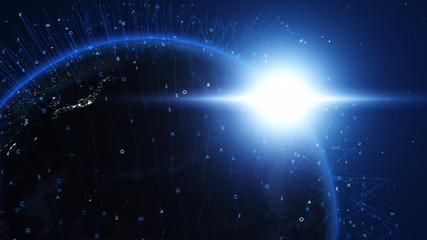 Obraz premium Shiny blue earth with colorful 3d lines and letters around. Technology and global network concept.