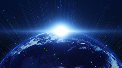 Shiny blue earth with 3d lines around. Technology and global network concept.
