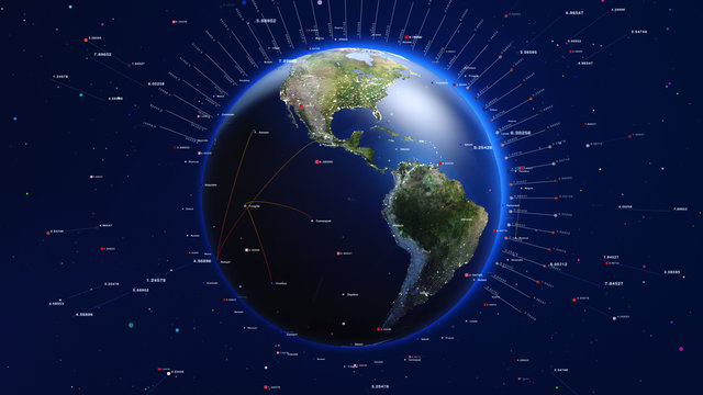 Shiny blue earth with colorful 3d lines and letters around. Technology and global network concept.