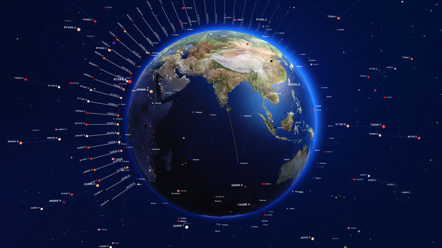 Shiny blue earth with colorful 3d lines and letters around. Technology and global network concept.