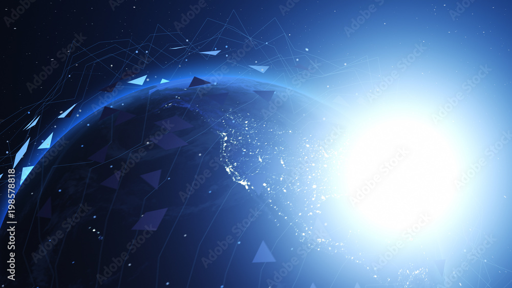 Wall mural shiny blue earth covered with 3d lines and triangles around. technology and global network concept.