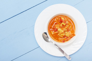 Healthy vegetarian lunch on wooden table with copy space