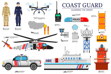 coast guard day flat icoms set. Guarding the order background. Devices infographic concept. Layout illustrations template