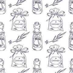 Vector Seamless pattern. Lavender theme of Provence. Pattern with graphic lavender's sachet and oil. Digital drawn illustration in lilac color. Vintage pattern of lavender elements isolated on white.