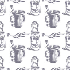 Vector Seamless pattern. Lavender theme of Provence. Pattern with graphic lavender's oil and mortar. Digital drawn illustration in lilac color. Vintage pattern of lavender elements isolated on white.