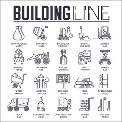 Thin line builders doing labor job and working with heavy vehicles concept.  Outline flat workers on construction site vector  design illustration