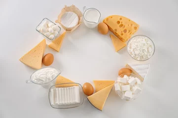 Cercles muraux Produits laitiers Produits laitiers frais et œufs sur fond blanc