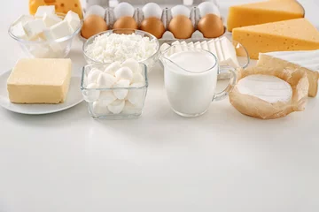 Tissu par mètre Produits laitiers Fresh dairy products and eggs on white background