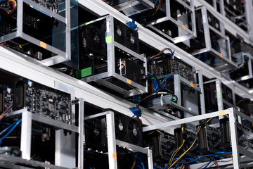 bottom view of shelves with equipment at ethereum mining farm