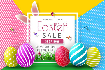 Easter Sale Illustration with Color Painted Egg and Typography Element on Abstract Background. Vector Holiday Design Template for Coupon, Banner, Voucher or Promotional Poster