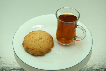 traditional breakfast with fresh croissants and white wooden background, top view, horizontal .
