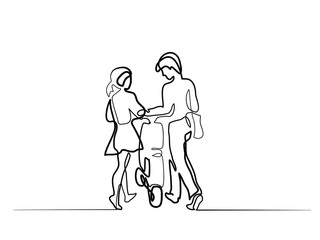 Continuous line different wide drawing. Happy couple walking with scooter. Vector illustration