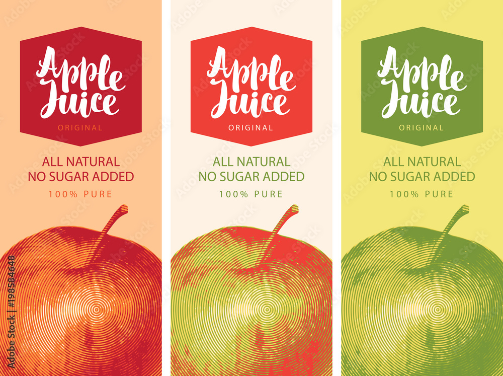 Poster vector set of labels for natural apple juice with a realistic image of an apple and handwritten insc