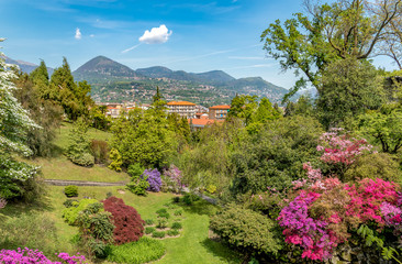 Botanical Gardens of Villa Taranto with colorful blooming flowers in spring, Pallanza, Verbania, Italy. 