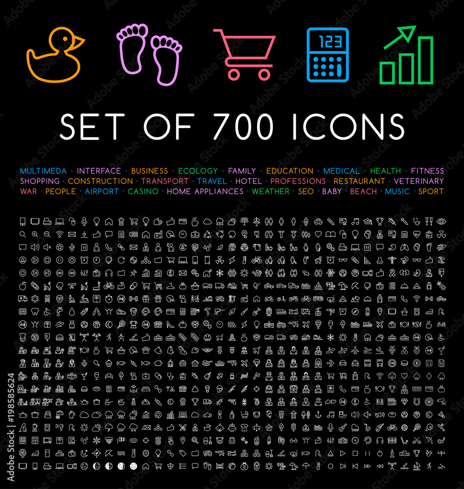 Poster set of 700 minimal universal isolated modern elegant thin line icons on black background . isolated 