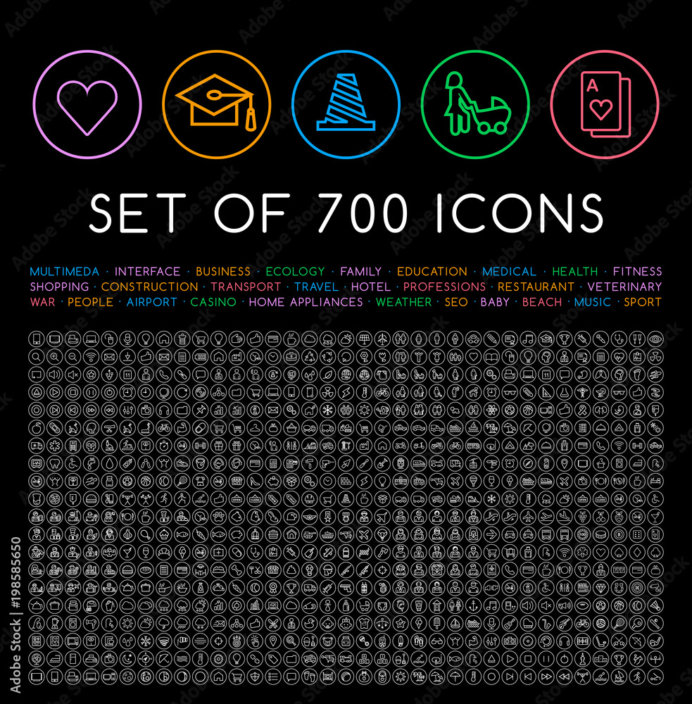 Poster set of 700 minimal universal isolated modern elegant thin line icons on circular buttons on black ba