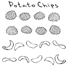 Ruffled or Corrugated Potato Chips. Beer Snack. Figure Knife Cuts of Vegetable. Carved Cooking Ingredient. Fast Food or Street Food Cuisine. Realistic Hand Drawn Illustration. Savoyar Doodle Style.