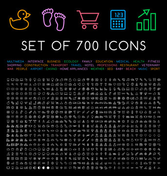 Set of 700 Minimal Universal Isolated Modern Elegant Thin Line Icons on Black Background . Isolated Vector Elements