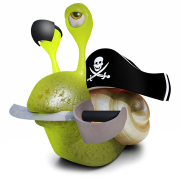 3d Funny cartoon snail character wearing a pirates hat and eyepatch