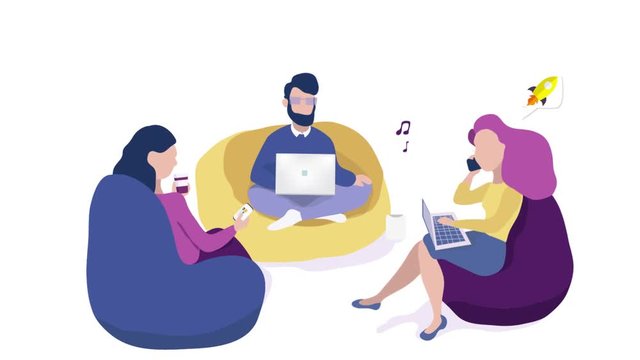 Three people make conversation and work together video. Business co working process animation. stock footage