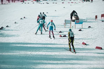 Schilderijen op glas ski race, cross-country competitions, athlete on the white winter nature. Original sports photo, winter game, © baon