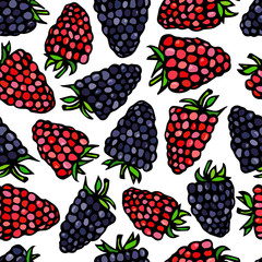 Pink Raspberry and BlackBerry with Green Stem Seamless Endless Background. Summer Red Berries. Realistic Hand Drawn Illustration. Savoyar Doodle Style.