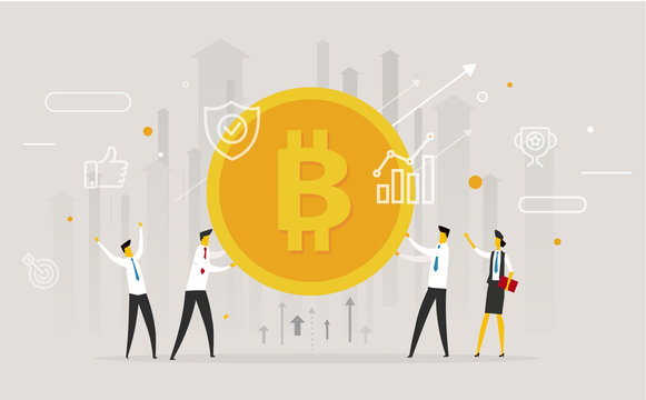 Businessmen team hold a huge bitcoin