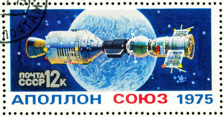 Ukraine - circa 2018: A postage stamp printed in Soviet Union, USSR show Experimental flight of spacecraft Soyuz and Apollo. Docking in space. Series: Space Flight of Soyuz-19 and Apollo. Circa 1975.