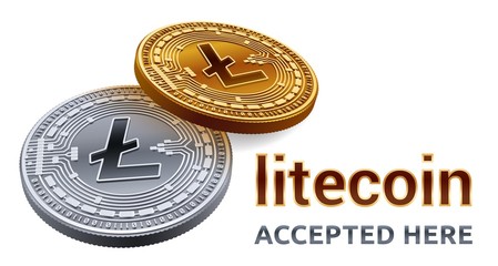 Litecoin. Accepted sign emblem. Crypto currency. Golden and silver coins with Litecoin symbol isolated on white background. 3D isometric Physical coins with text Accepted Here. Vector illustration.