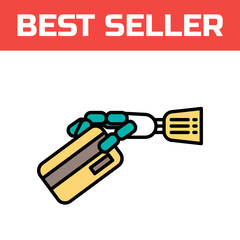 Robotic hand with a bank card icon. Cyber glove for virtual reality. Innovative digital input device. Modern style logo concept. Cyborg thin line vector illustration.