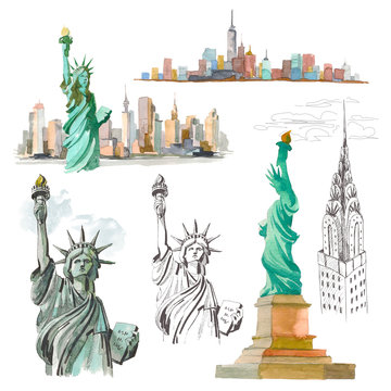 Set Watercolor sketch of Statue of Liberty New York of USA in illustration