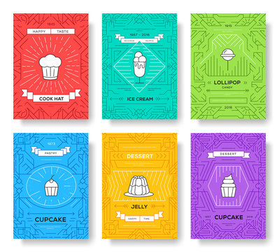 Cake thin line brochure cards set. happy birthday traditional template of flyear, magazines, posters, book cover, banners. Food outline invitation concept background. Layout quality modern pages