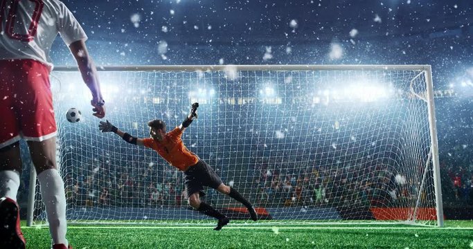Goalkeeper fails to save from a penalty kick in a jump on a professional soccer stadium while it's snowing. Stadium and crowd are made in 3D and animated.