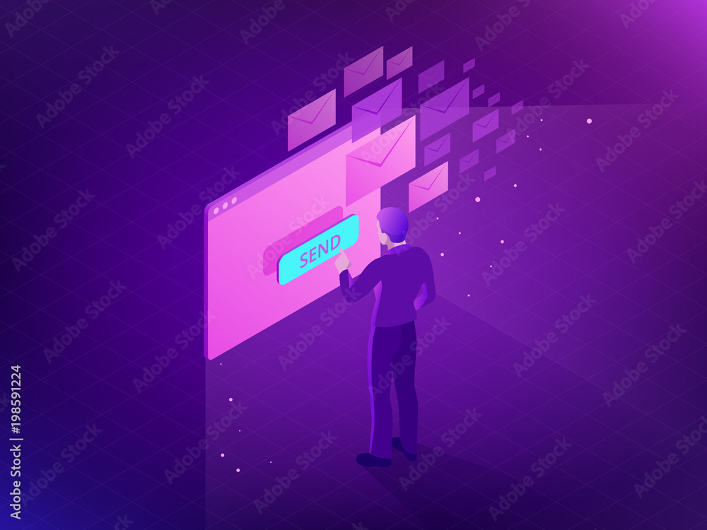 Poster isometric email inbox electronic communication. e-mail marketing. receiving messages. new mail recei