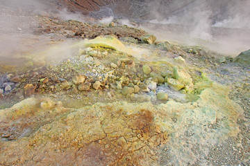 Gray Hydrogen Volcano and Volcano Craters on Vulcano Island, Lipari, Italy. Sunset, Gas, Sulfur,...
