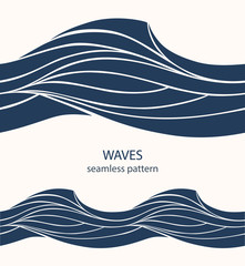 Marine seamless pattern with stylized blue waves on a light background. Water Wave abstract design. 