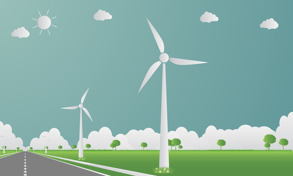 Factory ecology,Industry icon,Wind turbines with trees and sun Clean energy with road eco-friendly concept ideas.vector illustration