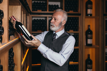 Mature sommelier choosing a bottle of wine at the wine cellar. 
