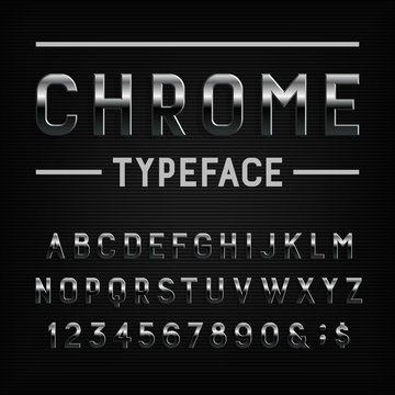 Chrome effect alphabet font. Metal letters, numbers and symbols. Stock vector typography for your design.